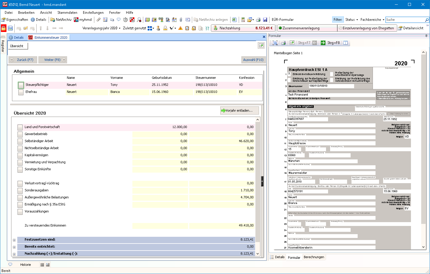 Steuern f�r Steuerberater - Steuern - Einkommensteuer - Eingabedialog