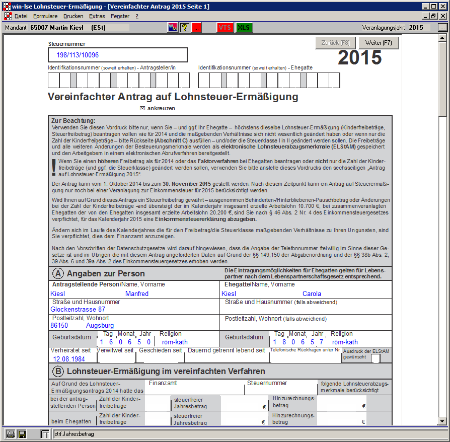 Steuern f�r Buchhalter - Steuern - Lohnsteuererm�ssigungsantrag - Eingabedialoge