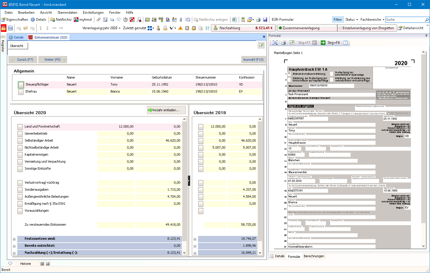 Steuern f�r Buchhalter - Steuern - Einkommensteuer - Eingabedialog - Vorjahresanzeige