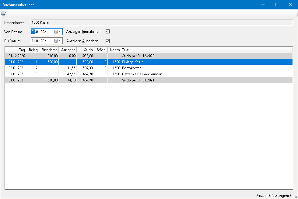 Rechnungswesen f�r Buchhalter - Kassenbuch- Buchungs�bersicht